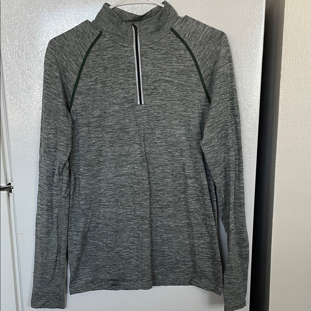 PINK Large Green Heathered Gray Quarter-Zip Athletic Pullover Thumbholes Comfort
